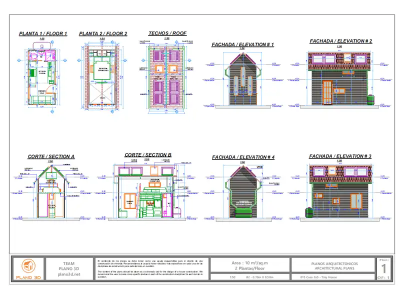 Diseño de CASA PEQUEÑA 2x5 m Tiny House 10 m2 Plano 3D